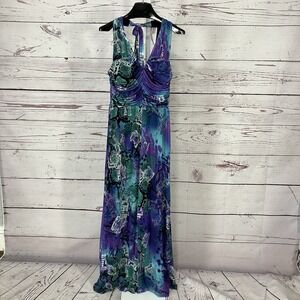 Cache Halter Maxi Dress Womens Size Medium Purple Blue Abstract Ruched Formal